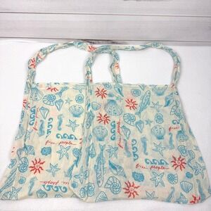 lot of 2 Free People Beach Shells Fish Starfish Print Summer Reusable Tote